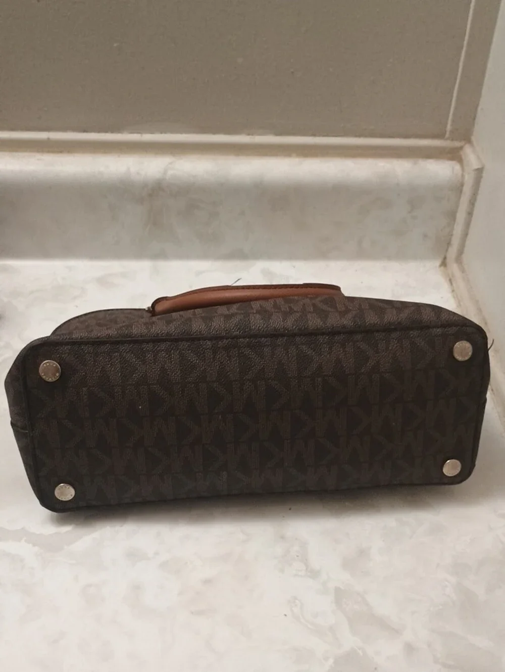 Michael Kors Brown Monogram Dome Satchel with Tan Trim